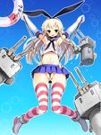  anchor anchor_hair_ornament armpits arms_up black_panties blonde_hair blush elbow_gloves gloves hair_ornament hairband kaneru kantai_collection lifebuoy long_hair looking_at_viewer midriff navel open_mouth panties panty_lift rensouhou-chan self_wedgie shimakaze_(kantai_collection) skirt solo striped striped_legwear thighhighs thong underwear wedgie white_gloves 