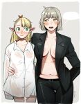  2girls after_sex arm_around_waist black_suit blank_speech_bubble blonde_hair blush borrowed_clothes breasts brown_eyes buttons co1fee collared_shirt dungeon_meshi elf falin_touden green_eyes grey_hair hand_in_pocket highres large_breasts marcille_donato muffin_top multiple_girls navel no_bra open_clothes open_collar open_mouth oversized_clothes pants pointy_ears pussy_juice shirt short_hair speech_bubble stomach suit sweaty_clothes yuri 