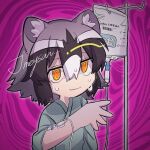  1girl @_@ animal_ear_fluff animal_ears bad_id bad_twitter_id black_hair closed_mouth commentary_request common_raccoon_(kemono_friends) extra_ears grey_hair hair_between_eyes hand_up highres hospital_gown intravenous_drip iv_stand jmeysan kemono_friends looking_at_viewer multicolored_hair pink_background raccoon_ears short_hair smile solo sweat twitter_username upper_body wavy_mouth white_hair yellow_eyes 