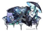  2013 aqua_eyes aqua_hair artist_name copyright_name couch flower hatsune_miku high_heels long_hair pantyhose robot sitting skirt solo starshadowmagician umbrella vocaloid voice_(vocaloid) 