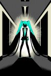  1girl absurdly_long_hair absurdres aqua_hair aqua_necktie backlighting bare_shoulders boots ceiling_light collared_shirt commentary detached_sleeves facing_viewer full_body hair_ornament halftone hatsune_miku highres indoors legs_apart limited_palette long_hair machigami_yoh miniskirt necktie shadow shirt skirt sleeveless sleeveless_shirt solo standing symbol-only_commentary thigh_boots twintails v_arms very_long_hair vocaloid 