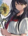  1girl aoi_(yooo009) black_hair black_sailor_collar breasts closed_mouth collarbone crop_top flower highres holding holding_flower light_smile long_hair looking_at_viewer neckerchief non-web_source original red_neckerchief sailor_collar school_uniform serafuku short_sleeves solo sunflower upper_body yellow_eyes yellow_flower 