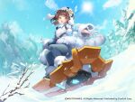 1girl :d apple_caramel black_footwear blue_sky boots branch breasts brown_eyes brown_hair character_request cloud collared_shirt commentary_request day dress_shirt fang fur_hat gloves grey_hat grey_pantyhose half_gloves hat highres long_hair long_sleeves medium_breasts official_art outdoors pantyhose shirt sky smile snow snowboard snowboarding solo starseed:_asnia_trigger sun tree white_gloves white_shirt wide_sleeves 