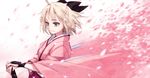  ahoge bad_id bad_pixiv_id blonde_hair bow fate_(series) hair_bow half_updo japanese_clothes katana kimono koha-ace long_sleeves matsuryuu okita_souji_(fate) okita_souji_(fate)_(all) petals short_hair smile sword weapon wide_sleeves yellow_eyes 