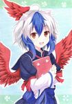  ahoge animal_ears blue_hair book clover colored_pencil_(medium) four-leaf_clover head_wings heart holding holding_book horns kittona long_sleeves millipen_(medium) multicolored_hair open_mouth red_eyes red_wings short_hair silver_hair single_head_wing smile solo tokiko_(touhou) touhou traditional_media two-tone_hair watercolor_pencil_(medium) wings 