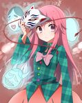  bad_id bad_pixiv_id bow expressionless face_mask fox_mask hata_no_kokoro long_hair long_sleeves mask oni_mask pink_eyes pink_hair plaid plaid_shirt saibi shirt skirt solo touhou unmoving_pattern very_long_hair wide_sleeves x 