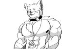 alarb anthro canid canine canis collar fur leash looking_at_viewer male mammal monochrome muscular muscular_anthro muscular_male nipples one_eye_closed pecs wink winking_at_viewer wolf