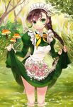  apron benmao braid brown_hair flower green_eyes hair_flower hair_ornament juliet_sleeves long_hair long_sleeves maid maid_headdress nature original puffy_sleeves rose single_braid skirt skirt_basket smile solo tree wading water 