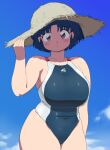  1girl blue_hair blue_sky blush breasts cloud cloudy_sky hat highres looking_at_viewer mage_(harumagedon) plump ranma_1/2 shadow short_hair sky solo tendou_akane 