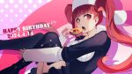  1girl 2024 :o black_dress black_thighhighs bleach commentary dated dokugamine_riruka doughnut dress drop_shadow eyelashes feet_out_of_frame floating_hair food hand_up happy_birthday hat heart highres holding holding_doughnut holding_food knees_together_feet_apart knees_up light_blush long_hair looking_at_viewer multicolored_background open_mouth pink_background polka_dot polka_dot_background purple_background red_eyes red_hair short_dress simple_background sitting sleeves_past_wrists solo sumire_1046 thighhighs twintails very_long_hair white_hat zettai_ryouiki 