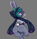 big_breasts breasts bunny_costume butt clothing costume female green_hair hair hi_res hoodie huge_breasts humanoid league_of_legends nebssik open_mouth rear_view riot_games short_stack simple_background solo tencent topwear vex_(lol) yordle