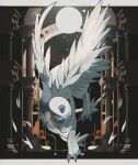  absol blue_skin claws colored_skin column feathered_wings feathers hair_over_one_eye highres horns mega_absol no_humans pillar pokemon pokemon_(creature) red_eyes reo_(mmocc123) single_horn white_feathers white_fur white_hair white_wings wings 