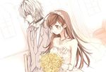  1girl accelerator bad_id bad_pixiv_id bouquet bridal_veil brown_eyes brown_hair choker couple dress flower formal gloves hetero last_order long_hair necktie short_hair suit to_aru_majutsu_no_index veil wedding_dress white_hair yamano_(151515) 