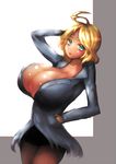  1girl arm_up blonde_hair blue_eyes breasts female huge_breasts iro_zu open_mouth original short_hair smile solo 