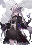  1girl angel angel_wings animal_ears arknights black_coat black_dress black_gloves blue_gloves buttons closed_mouth coat dress gloves grey_eyes grey_hair hair_ornament hairclip holding lappland_(arknights) lappland_(refined_horrormare)_(arknights) long_hair looking_at_viewer official_alternate_costume open_clothes open_coat scar scar_across_eye scar_on_face short_dress solo soukou_makura wings wolf_ears wolf_girl 