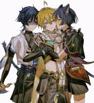  3boys aether_(genshin_impact) ahoge animal_ears annoyed arm_armor arm_grab armor belt black_belt black_bow black_gloves black_hair black_pants black_shirt black_shorts blonde_hair blue_belt blue_cape blue_eyes blue_hair blunt_ends blush bow cape cat_ears cat_tail clenched_hand closed_mouth commentary_request dual_persona earrings elbow_gloves eyeshadow fingerless_gloves fingernails genshin_impact gloves gold_necklace gold_trim grabbing hair_between_eyes hand_on_another&#039;s_shoulder hand_up highres japanese_armor jealous jewelry kemonomimi_mode kote kurokote licking licking_another&#039;s_cheek licking_another&#039;s_face looking_at_another love_triangle makeup male_focus mandarin_collar multicolored_hair multiple_boys navel necklace no_headwear open_clothes open_mouth open_vest pants purple_belt purple_eyes purple_hair red_eyeshadow scaramouche_(genshin_impact) scarf shaded_face shirt short_hair short_sleeves shorts simple_background single_earring sleeveless sleeveless_shirt standing star_(symbol) sweatdrop tail tassel teeth tongue tongue_out two-tone_hair vest wanderer_(genshin_impact) white_background white_scarf white_vest wktk_ki yaoi yellow_eyes 