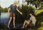  2boys alternate_costume arm_support barefoot basil_(faraway)_(omori) basil_(omori) black_hair blonde_hair brown_shorts cattail closed_eyes day earrings grey_shirt highres jewelry looking_at_another multiple_boys omori outdoors parted_lips plant red_footwear shirt shoes short_sleeves shorts sitting sneakers standing stud_earrings sunny_(omori) tree umilini2 unworn_footwear water white_shirt 