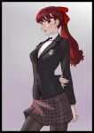  akisora arms_behind_back blush bow commentary_request hair_bow highres looking_at_viewer looking_to_the_side persona persona_5 ponytail red_eyes red_hair school_uniform yoshizawa_kasumi 