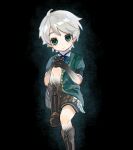 1boy ahoge black_background black_skin blue_bow blue_bowtie boots bow bowtie brown_footwear brown_shorts buttons caterpillar_(genshin_impact) child chinese_commentary collared_shirt colored_extremities colored_skin commentary_request empty_eyes foot_out_of_frame genshin_impact green_eyes green_jacket grey_hair hands_on_own_knee highres huokui interlocked_fingers jacket knee_boots knee_up looking_at_viewer male_focus multicolored_skin own_hands_together shirt short_hair shorts simple_background sitting smile solo striped_clothes striped_shorts two-tone_skin white_nails 