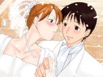  1boy 1girl blue_eyes blush brown_eyes brown_hair couple dress game_cg good_end ikari_shinji ikari_shinji_raising_project jewelry neon_genesis_evangelion red_hair ring soryu_asuka_langley wedding wedding_dress wedding_ring yonekura_kengo 