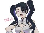  1girl arrancar bare_shoulders black_hair bleach breasts closed_mouth commentary_request forehead hair_over_one_eye happy_birthday light_blush loly_aivirrne long_bangs long_hair looking_at_viewer medium_breasts one_eye_covered open_mouth pink_eyes shirt simple_background sleeveless sleeveless_shirt solo sumire_1046 twintails upper_body v-shaped_eyebrows white_background white_shirt 