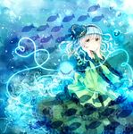  alternate_headwear bad_id bad_pixiv_id blue_flower blue_rose bubble dress fish floral_print flower frilled_dress frills green_dress green_eyes hair_ornament hands_on_own_cheeks hands_on_own_face jaku_sono komeiji_koishi long_sleeves rose silver_hair solo third_eye touhou underwater wet wet_clothes wide_sleeves 