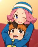  1girl blue_eyes blush brown_eyes brown_hair endou_mamoru hat headband hug hug_from_behind inazuma_eleven inazuma_eleven_(series) jacket maron_(quintet_colors) one_eye_closed open_mouth pink_hair raimon track_jacket zaizen_touko 