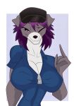 absurd_res anthro big_breasts blue_clothing breasts canid canine canis cleavage clothed clothing domestic_dog female grey_body hair hat headgear headwear hi_res huge_breasts looking_at_viewer mammal one_eye_closed purple_hair rentressy solo wink