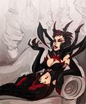  black_hair black_lipstick black_sclera breasts chaise_longue cleavage cocoon elbow_gloves elise_(league_of_legends) eyeshadow fingernails gloves insect_girl league_of_legends lipstick lying makeup medium_breasts nail_polish navel on_side reclining red_eyes sharp_fingernails sharp_teeth short_hair solo_focus spider_girl teeth tongue tongue_out x-arielle 