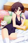  absurdres bed breasts brown_hair covered_nipples highres kanamori_yui kimi_wo_aogi_otome_wa_hime_ni medium_breasts one-piece_swimsuit pillow red_eyes satou_satoru school_swimsuit short_hair stuffed_animal stuffed_sheep stuffed_toy swimsuit thighhighs white_legwear 