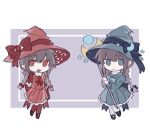 2girls black_footwear blue_bow bow bowtie braid brown_hair chibi closed_mouth crescent crescent_hat_ornament dual_persona funamusea gloves hair_bow hat hat_bow hat_ornament highres holding holding_staff juliet_sleeves long_hair long_sleeves looking_at_viewer multiple_girls oounabara_to_wadanohara pantyhose puffy_sleeves red_bow red_bowtie red_eyes red_footwear red_gloves red_hat red_pantyhose red_sailor_collar red_skirt sailor_collar shoes skirt smile staff twin_braids wadanohara wenyu19_19 white_pantyhose 