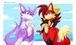 absurd_res anthro archie_comics belt blue_clothing blue_eyes breasts byghosteduard canid canine clothed clothing duo female fiona_fox fox hair hi_res long_hair long_tail looking_down mammal meme meme_clothing mustelid musteline nicolette_the_weasel purple_body red_body sega shirt smile smiling_at_viewer sonic_the_hedgehog_(archie) sonic_the_hedgehog_(comics) sonic_the_hedgehog_(series) sweater tail topwear true_musteline virgin_destroyer_sweater virgin_killer_sweater weasel
