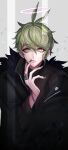  1boy alternate_costume altimaen_iten amami_rantaro antenna_hair bishounen black_coat black_sleeves bracelet brown_sweater buttons closed_mouth coat collared_coat danganronpa_(series) danganronpa_v3:_killing_harmony ear_piercing eyelashes fur-trimmed_coat fur_trim green_eyes green_hair green_nails grey_background hair_between_eyes halo jewelry layered_sleeves light_frown long_sleeves looking_at_viewer male_focus multiple_rings nail_polish piercing purple_halo ring short_hair simple_background solo sweatdrop sweater third-party_source upper_body zipper 