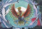  absurdres artist_name beak bird claws day feathered_wings flying highres ho-oh kusube_aya looking_at_viewer looking_to_the_side lugia mountain nature no_humans official_art outdoors pokemon pokemon_(creature) skarmory tree wings 