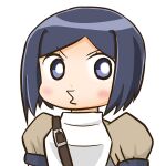  1girl armor black_hair blue_eyes blush breastplate chibi commentary_request looking_at_viewer naga_u parted_bangs puffy_sleeves sekaiju_no_meikyuu short_hair simple_background solo swordsman_(sekaiju_4) swordsman_2_(sekaiju_4) upper_body v-shaped_eyebrows white_background 