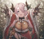  1girl bare_shoulders black_gloves black_thighhighs blue_eyes braid breasts detached_sleeves draph from_above fur-trimmed_sleeves fur_trim garter_straps gloves granblue_fantasy hair_ornament hair_over_one_eye heart heart-shaped_pupils highres holly horns incoming_hug ivris large_breasts long_hair long_sleeves looking_at_viewer narmaya_(granblue_fantasy) narmaya_(holiday)_(granblue_fantasy) obi official_alternate_costume open_mouth outstretched_arms outstretched_hand pink_hair pointy_ears pom_pom_(clothes) sash smile snowman_hair_ornament solo symbol-shaped_pupils thighhighs upper_body very_long_hair 