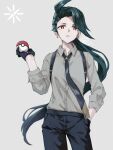  1girl ahoge baracan black_necktie black_pants collared_shirt earrings green_hair hair_over_one_eye hand_in_pocket highres holding holding_poke_ball jewelry looking_at_viewer necktie pants poke_ball pokemon red_eyes rika_(pokemon) shirt solo white_shirt 