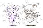  :&lt; :x bat_wings capelet chibi commentary_request crescent dress flapping floating fuugetsu_oreha_ikiru hair_ribbon hat hat_ornament head_wings koa_(phrase) koakuma long_hair long_sleeves low-tied_long_hair mob_cap monochrome multiple_girls necktie patchouli_knowledge ribbon sidelocks simple_background skirt skirt_set striped striped_dress touhou translated tress_ribbon v_arms vertical_stripes very_long_hair vest waving_arms white_background wings 