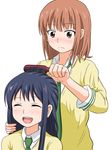  blush brush brushing_another's_hair closed_eyes hair_brush hair_brushing hamaguri_(hamaguri1234) holding_brush kurahashi_riko love_lab maki_natsuo multiple_girls necktie school_uniform smile 