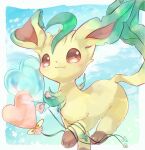  balloon blush brown_eyes fang heart_balloon hinako15 leafeon no_humans pokemon pokemon_(creature) ribbon smile solo 