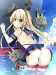  aircraft airplane back black_panties blonde_hair blush breasts elbow_gloves gloves green_eyes highres kantai_collection long_hair looking_back okutomi_fumi panties partially_submerged rensouhou-chan shimakaze_(kantai_collection) sideboob skirt small_breasts striped striped_legwear thighhighs thong topless torn_clothes torn_legwear underwear 