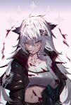  :d animal_ears arknights bandeau black_coat black_nails breasts cleavage coat collarbone finger_to_mouth fingerless_gloves gloves grey_eyes grey_gloves grey_hair hair_ornament hairclip highres lappland_(arknights) long_hair nail_polish navel open_clothes open_coat open_mouth scar scar_across_eye scar_on_face smile soukou_makura starry_background strapless tube_top wolf_ears wolf_girl 