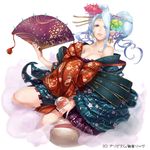  bad_id bad_pixiv_id bare_shoulders blue_hair breasts brown_eyes cleavage earrings fan flower folding_fan hair_ornament hair_stick japanese_clothes jewelry long_hair medium_breasts original silver_(atelier-tengu) solo 