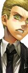  1boy black_jacket black_necktie blonde_hair clenched_teeth coattails collared_jacket collared_shirt commentary_request danganronpa_(series) danganronpa_2:_goodbye_despair eyelashes freckles furrowed_brow irohara_mitabi jacket kuzuryu_fuyuhiko light_blush looking_at_viewer male_focus mole mole_under_mouth necktie pinstripe_jacket pinstripe_pattern shirt short_hair sideburns simple_background solo teeth upper_body white_background white_shirt yellow_eyes 