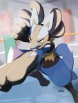 2022 3:4 3_fingers ambiguous_gender anthro blue_body blue_fur detailed_background ekcdayo fighting_pose fighting_ring fingers fur generation_4_pokemon hi_res lucario nintendo pokemon pokemon_(species) pose red_eyes signature solo spikes spikes_(anatomy) tail tan_body tan_fur