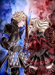  1boy 1girl 2012 absurdres alpha_patroklos black_sclera blonde_hair brother_and_sister dark_persona emelina_vasquez_solar highres long_hair patroklos_alexandra pyrrha_alexandra pyrrha_omega shield siblings skirt soul_calibur soul_calibur_(weapon) soul_edge_(weapon) soulcalibur_v sword traditional_media weapon 