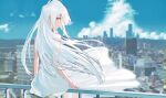  1girl absurdres bare_shoulders blue_sky cityscape cloud day dress floating_hair highres kurobeko_(kur0bek0) light_smile long_hair looking_at_viewer original outdoors parted_lips profile railing sideways_glance sitting sky solo white_dress white_hair wind yellow_eyes 