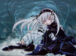  caio clouds feathers gothic long_hair pink_eyes ribbons rozen_maiden sky suigintou white_hair 