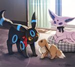  all_fours alternate_color artist_name black_fur black_ribbon black_tail blue_fur brown_eyes brown_fur brown_tail colored_sclera eevee espeon evolutionary_line extra_tails forehead_jewel highres indoors kaminokefusa light looking_at_another looking_down no_humans pokemon pokemon_(creature) purple_eyes purple_fur purple_sclera purple_tail red_ribbon ribbon shiny_pokemon two-tone_fur umbreon wooden_floor yellow_sclera 