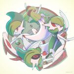  arm_blade colored_skin evolutionary_line gallade gardevoir green_hair green_skin hafwitsmash hair_over_one_eye highres iron_valiant kirlia looking_at_viewer mega_gallade mega_gardevoir mega_pokemon multicolored_skin open_mouth pokemon pokemon_(creature) ralts simple_background two-tone_skin weapon white_skin 